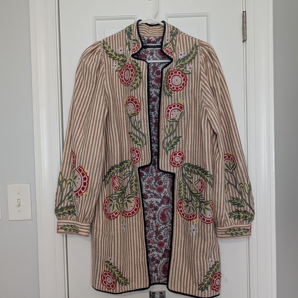 Alix Of Bohemia Beige Striped Cape with Red and Green Embroidery